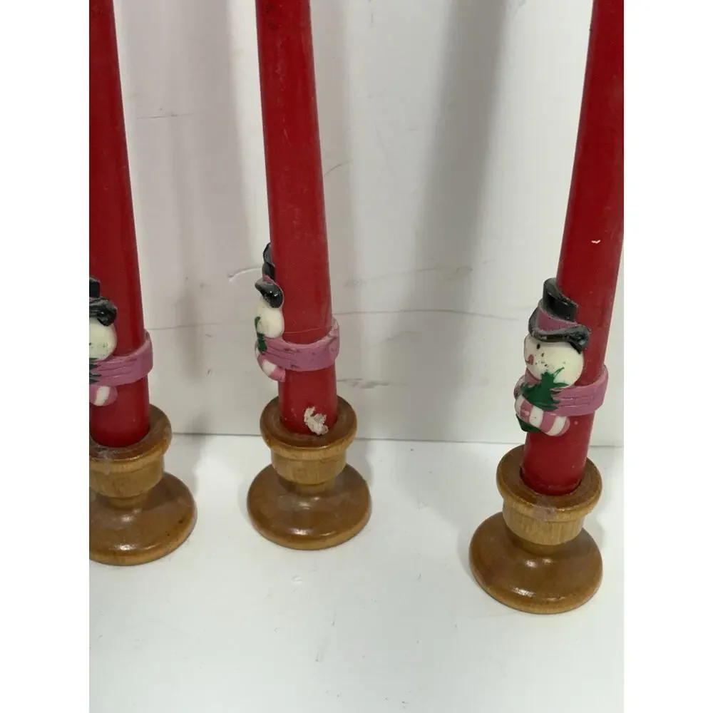 Vintage Set‎ Of 4 Candles Red Avon Taper Christmas Sculpted W/ Wooden Holders